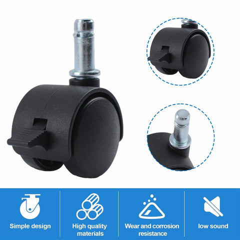 M8 Circlip Stem Caster Wheels Five Pack Heavy Duty Black Nylon Casters With Brakes for furniture, shown close-up