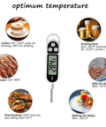 Digital Meat Thermometer For Cookin And BBQ With Long Probe, Instant Read, showing optimum temperatures for various foods and drinks