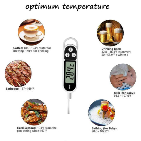 Digital Meat Thermometer For Cookin And BBQ With Long Probe, Instant Read, showing optimum temperatures for various foods and drinks