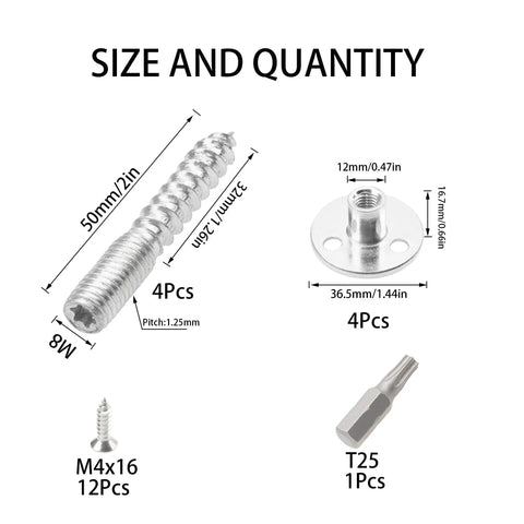 Killer M8x50 Hanger Bolts With T-Nuts For Wood Furniture Joinery Featuring Double Headed Self Tapping Screws and size details.
