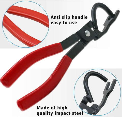 Exhaust hanger removal pliers with red rubber-coated handles and steel jaws