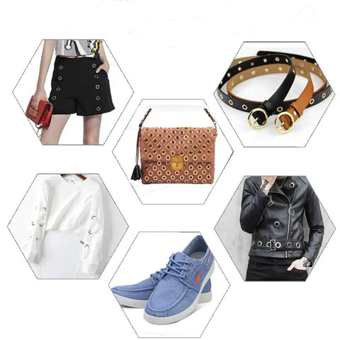 Grommet Kit 3 Sixteenth Inch 400Pcs Eyelet Set displayed on shoes, bag, belt, and clothing showcasing versatile use for DIY projects.
