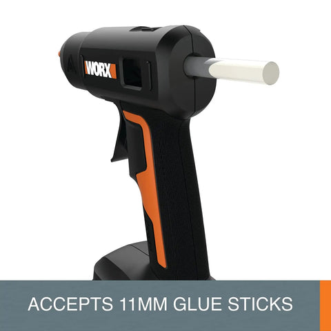 20V Cordless Full Size Hot Glue Gun With 382°F High Heat, 3-Minute Preheat, side view with glue stick