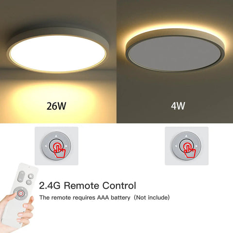 Flush Mount Ceiling Light Fixture With Remote Control showing 26W and 4W settings, round LED panel, and remote control