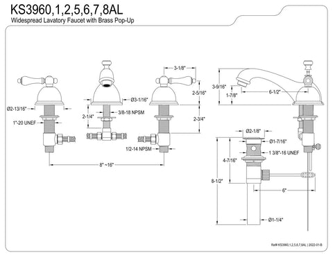 Diagram of Restoration Widespread Lavatory Faucet With Two Handle Deck Mount In Brushed Nickel Solid Brass Build, Drip Free Ceramic Disc, 8 To 16 Inch Spread For 3 Hole Setup, Includes Brass Pop Up, 1.2 GPM At 60 PSI.