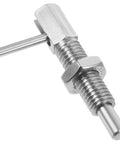 Heavy Duty Stainless Steel L Shaped Locking Pin With Grippy Handle, Rock Solid Indexing Spring Plunger For Home Garages And Car Mods, M10 No Stress Snap Action Safety Lever close-up view with thumb control mechanism.