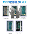 Instruction steps for Screen IC Pad Green Oil UV Stencil Set For IPhone 11 To 16 Pro Max Solder Mask Repair Kit, includes gloves.