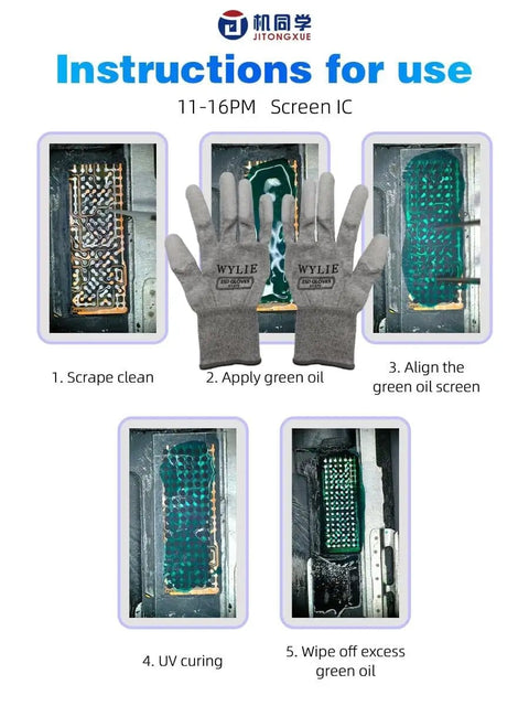 Instruction steps for Screen IC Pad Green Oil UV Stencil Set For IPhone 11 To 16 Pro Max Solder Mask Repair Kit, includes gloves.