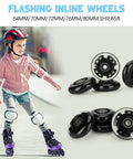Child skating with lit up inline skates, 8 Pack Lit Up Inline Skate Wheels 64mm 72mm 76mm 80mm With ABEC 9 Bearings 85A Durometer displayed.