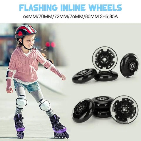 Child skating with lit up inline skates, 8 Pack Lit Up Inline Skate Wheels 64mm 72mm 76mm 80mm With ABEC 9 Bearings 85A Durometer displayed.