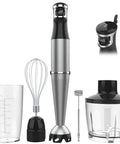 Heavy Duty Immersion Blender Handheld Corded 1100W Full Copper Motor 5-in-1 Hand Blender Set with whisk, beaker, and chopping bowl.