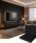6 Pack Black Acoustic Foam Panels 1 X 24 X 24 Inch Soundproof Wedge Tiles mounted in modern living room for audio enhancement.