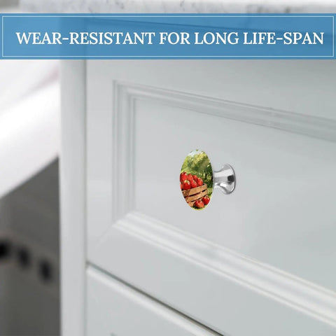 Orchard Apple Baskets Round Cabinet Knobs Set Two Pack Durable Stainless Steel Aluminum Alloy Hardware Handles With Vintage Farmhouse Charm For Cabinets And Drawers Ideal For Kitchens And Bedroom Dressers And Entertainment Areas. 1.1in apple basket knob on white cabinet