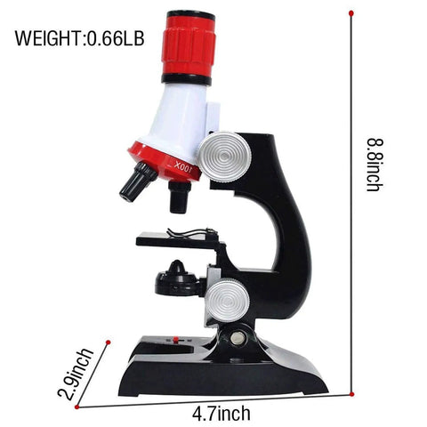 Kids Microscope Kit For Beginners With LED Light 100X 400X And 1200X Magnification Kid Friendly Educational Toy side view dimension