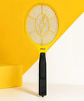 Front view of Powerful Handheld Bug Zapper For Home And Outdoors, yellow electric mosquito killer racket with safe 3 layer grid.
