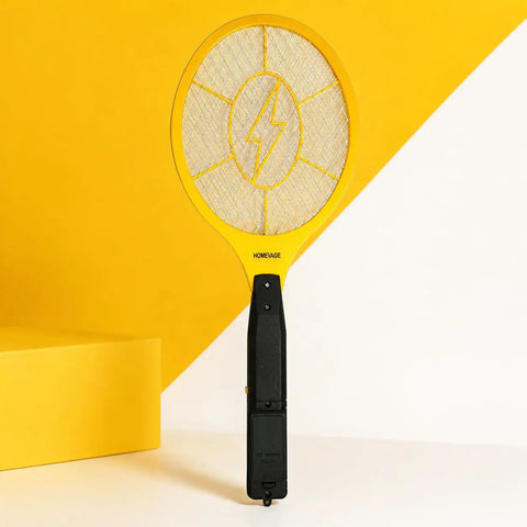 Front view of Powerful Handheld Bug Zapper For Home And Outdoors, yellow electric mosquito killer racket with safe 3 layer grid.