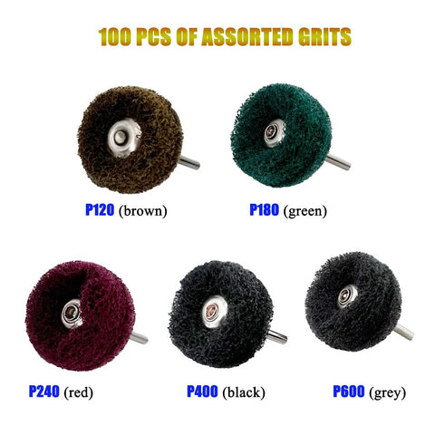 Five buffing wheels with assorted grits for rotary tools: P120 brown, P180 green, P240 red, P400 black, P600 grey.