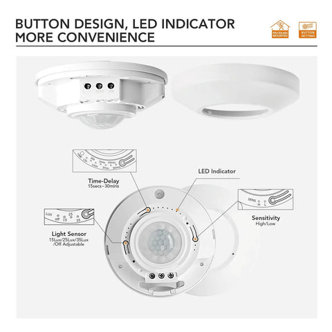 12 24V DC Ceiling Motion Sensor Switch With PIR Occupancy Detection, LED indicator, 360 Degree Coverage, white, button design
