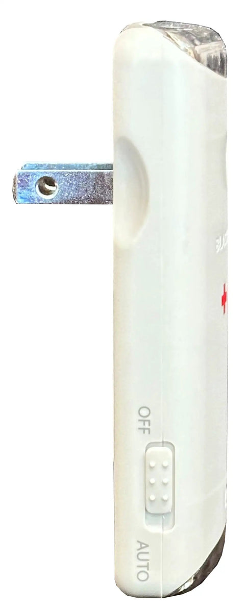 Side view of Swivel Emergency Flashlight That Automatically Kicks In During Power Failures Providing Super Bright Led Light While Also Serving As A Handy Rechargeable Nightlight For Everyday Use, showing plug and switch details