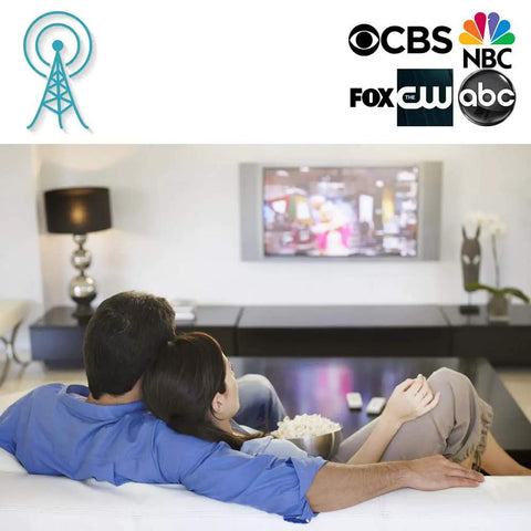 Couple watching TV with Outdoor Amplified HDTV Antenna Up To 200 Mile Range With 360 Degree Rotation For Free HD 4K 1080P Channels