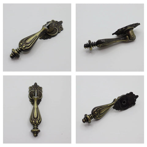 Antique Brass Drop Pull Handles 4 Pack Featuring Ornate Pendant Drawer Knobs With European Scrollwork Base Zinc Alloy Hardware