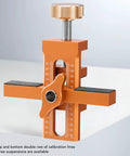 Badass Cabinet Door Mounting Jig With Adjustable Aluminum Clamp And Rock Solid Steel Rods For Dead Nuts Hinge Alignment Easy Solo Diy Setup No Fuss Support Tool For Quick Home Repair Jobs Anywhere close-up showing calibration lines and adjustable clamp features.