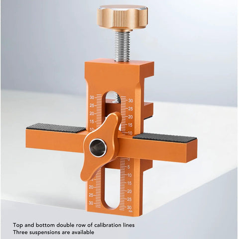 Badass Cabinet Door Mounting Jig With Adjustable Aluminum Clamp And Rock Solid Steel Rods For Dead Nuts Hinge Alignment Easy Solo Diy Setup No Fuss Support Tool For Quick Home Repair Jobs Anywhere close-up showing calibration lines and adjustable clamp features.