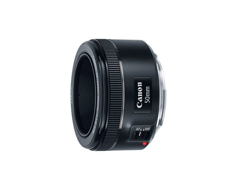 50mm F1.8 STM Prime Lens For Canon EOS DSLRs, lightweight black build, side view showing focus switch and lens mount