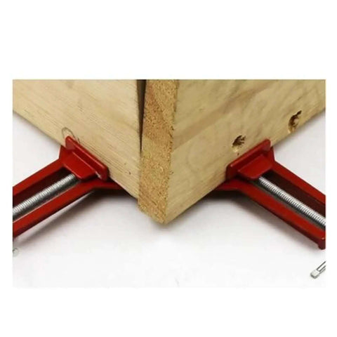 Four Piece 90 Degree Toggle Clamp Set For Woodworking And Framing Quick Clamp shown securing mitered wood corners.