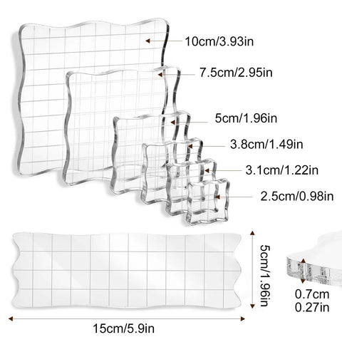 7 Pcs Acrylic Stamp Blocks Set With Grid Lines For Easy Stamping, Clear mounting blocks in assorted sizes shown with dimensions