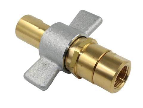 3/4 in NPT wet-line hydraulic quick-disconnect coupler, brass body with silver wing-nut for live-bed trailer hydraulics
