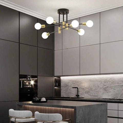 Sputnik Chandelier Modern Pendant Light Fixture In Black And Gold With Adjustable Arms in a kitchen setting