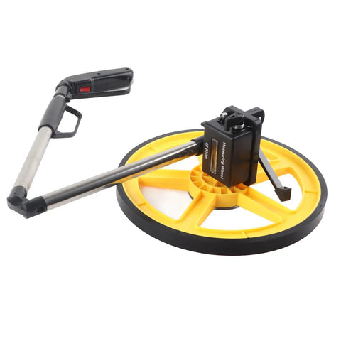 Rugged Workhorse Mechanical Range Measuring Wheel Crushing Miles And Inches Up To Ninety Nine Hundred Ninety Nine Feet with yellow wheel and metal handle.