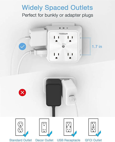 Heavy Duty 8 Outlet Surge Protector Power Strip With Hella Reliable Build And Fast Charge Usb C expanded showing widely spaced outlets.