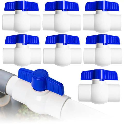 8-Pack Three Quarter Inch PVC Ball Valve With Slip Connection And Easy Turn Blue T Handle For Water Projects And Outdoor Irrigation