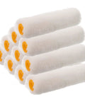 10 Pack Mini Paint Roller Covers With Ultra Soft Cotton Thread Sleeves And Tough Plastic Core For Interior Wall Painting DIY Jobs stacked with fluffy white sleeves.
