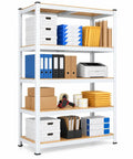 Heavy Duty 5 Tier Garage Storage Rack With Reinforced Mdf Boards And Sturdy Galvanized Steel Frame Built Tough As Nails For The Workshop Or Basement Moving Up To 1929 Pounds White Standard filled with boxes, files, and a printer.