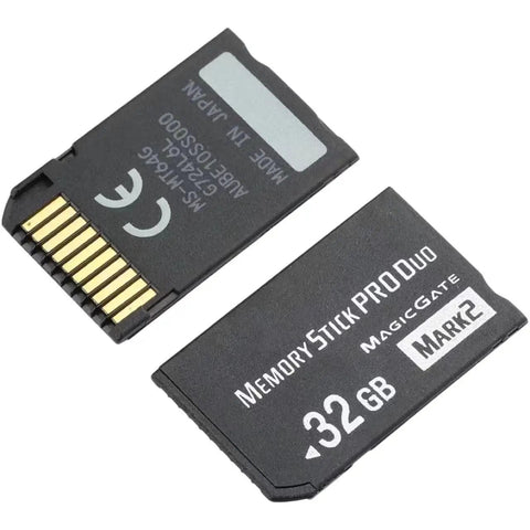32GB Pro Duo Memory Stick Mark 2 For PSP 1000 2000 3000 And Digital Cameras, high-speed storage card with gold connectors.