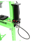 Close-up of Air Hydraulic Shop Press 20 Ton With Dual Speed Pump Bearing And Metal Pressing Floor Model, showing pump and ram head.