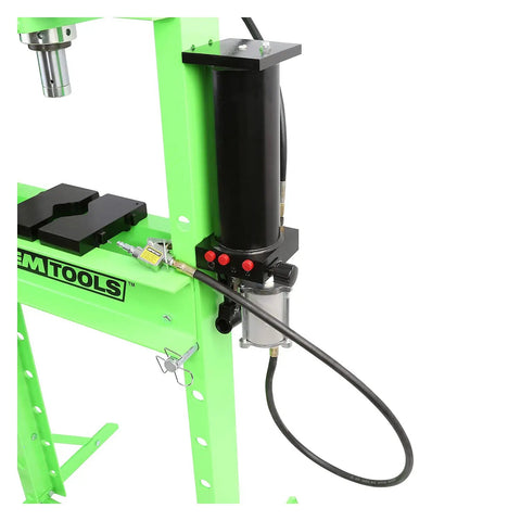 Close-up of Air Hydraulic Shop Press 20 Ton With Dual Speed Pump Bearing And Metal Pressing Floor Model, showing pump and ram head.