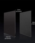 Double Sided Aluminum Mouse Pad for Gaming and Office Use, Thin Hard Surface With Waterproof PU Leather Finish on One Side, 9.45 by 7.87 Inches, Black, shown in front and side view with dimensions visible.