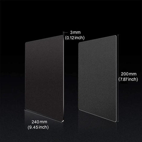 Double Sided Aluminum Mouse Pad for Gaming and Office Use, Thin Hard Surface With Waterproof PU Leather Finish on One Side, 9.45 by 7.87 Inches, Black, shown in front and side view with dimensions visible.