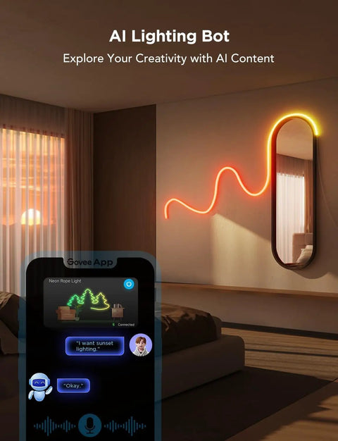 RGBIC Neon Rope Lights 32.8Ft With 64 Presets illuminating a modern bedroom wall, curved in artistic shape reflecting in mirror