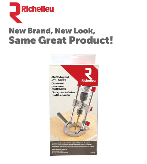 Richelieu multi-angled drill guide attachment, silver, for 1/4–3/8 in drills, shown in packaging.