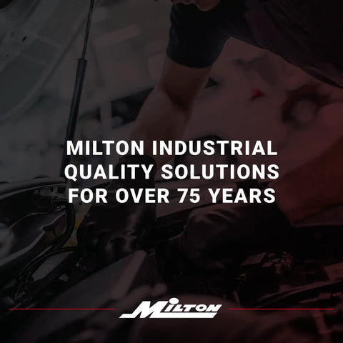 Person working on car engine, highlighting Milton Industrial quality solutions with text overlay