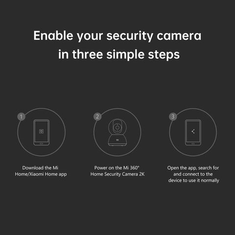 Setup guide for 360 Degree All-In-One Home Security Cam 2K With AI Human Detection, 3 easy steps displayed, black background.