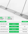 Comparison of 48 and 30 inch stainless steel lawn leveling rakes with specifications for handle length and material.