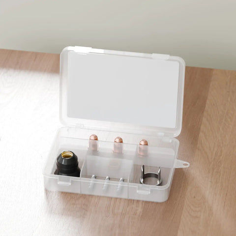 Open box showing S45 Plasma Cutter Accessory Kit 9 Piece Plasma Cutting Torch Consumables Set Pro Grade for low-frequency torches.