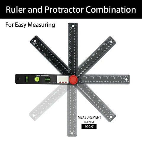 Hella Precise Digital Angle Finder Ruler featuring LCD screen, 999.9 degree range, protractor design for easy measuring.