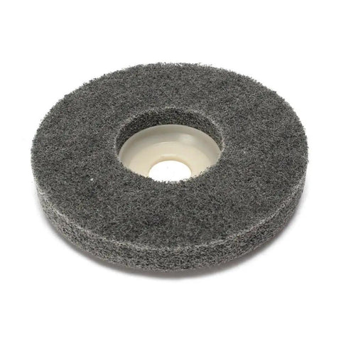 Five Piece 4 Inch Gray Nylon Fiber Polishing Wheels Set With 16mm Bore for Metal Finishing and Surface Prep gray wheel closeup view